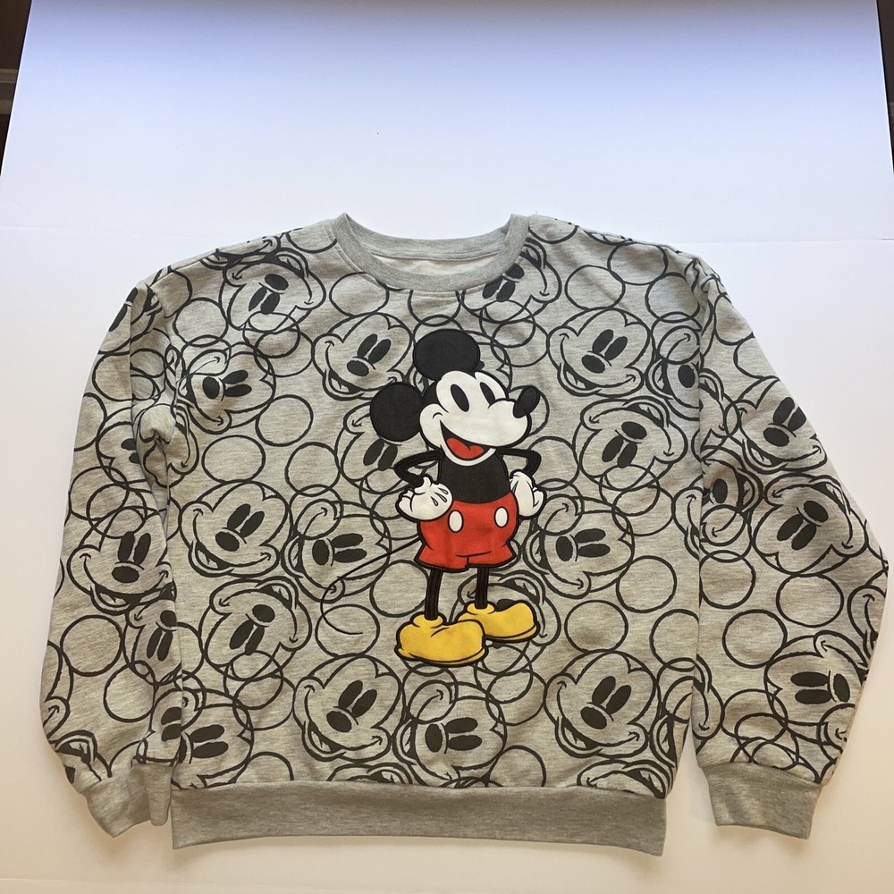 Disney Mickey Mouse Allover Print Logo Long Sleeve Sweatshirt Gray/Black- Size L